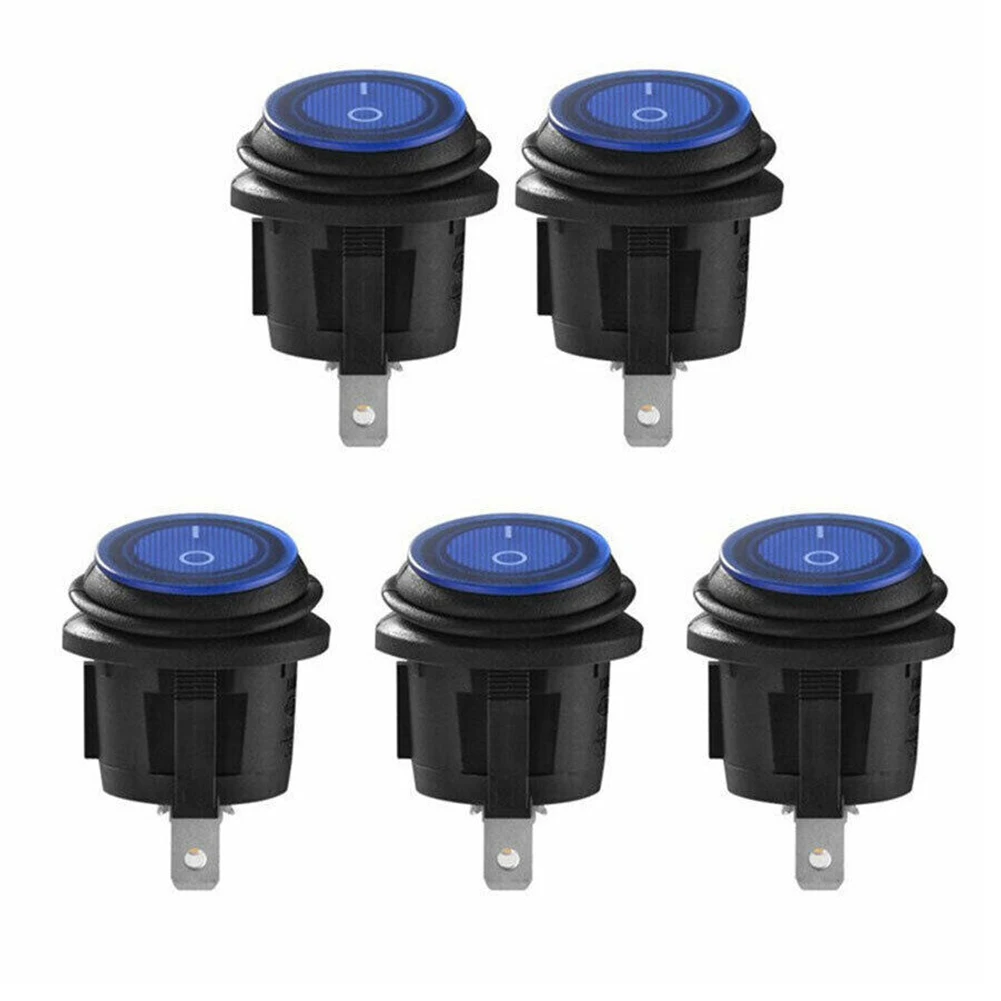 Waterproof LED Rocker Switch  12V 20A Car Auto Marine Round Switch  Easy Setup  SPST 2 Pole Design  Black+Blue 5PcsSet