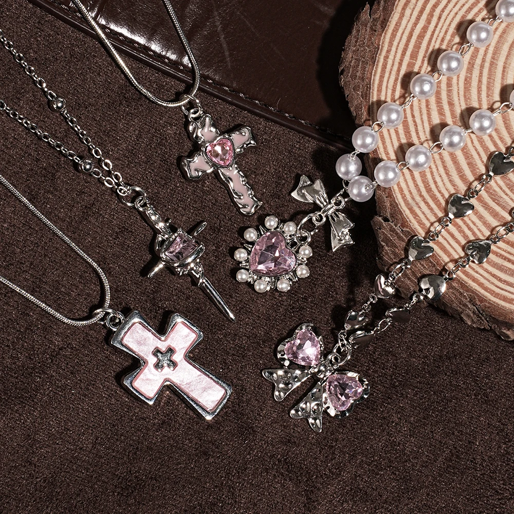 Y2K Sweet Cool Creative Inlaid Pink Love Zircon Bow Cross Pendant Necklace Set, Suitable for Women's Daily Wear, Small Jewelry G 5