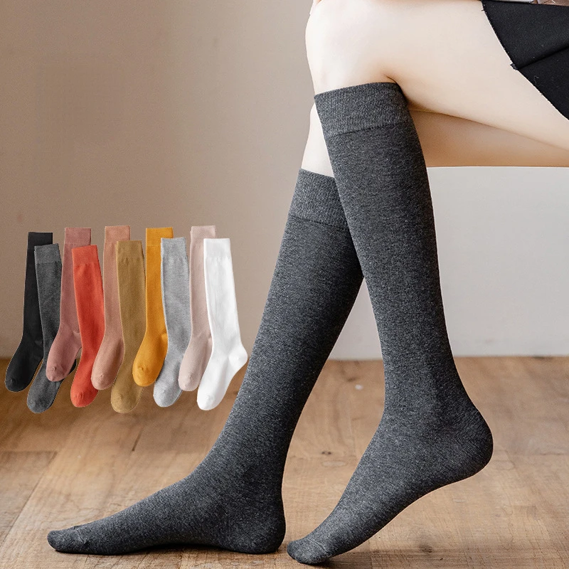 

Calf socks female jk black and white long socks solid color pressure thin leg socks cotton simple mid-calf socks long sock