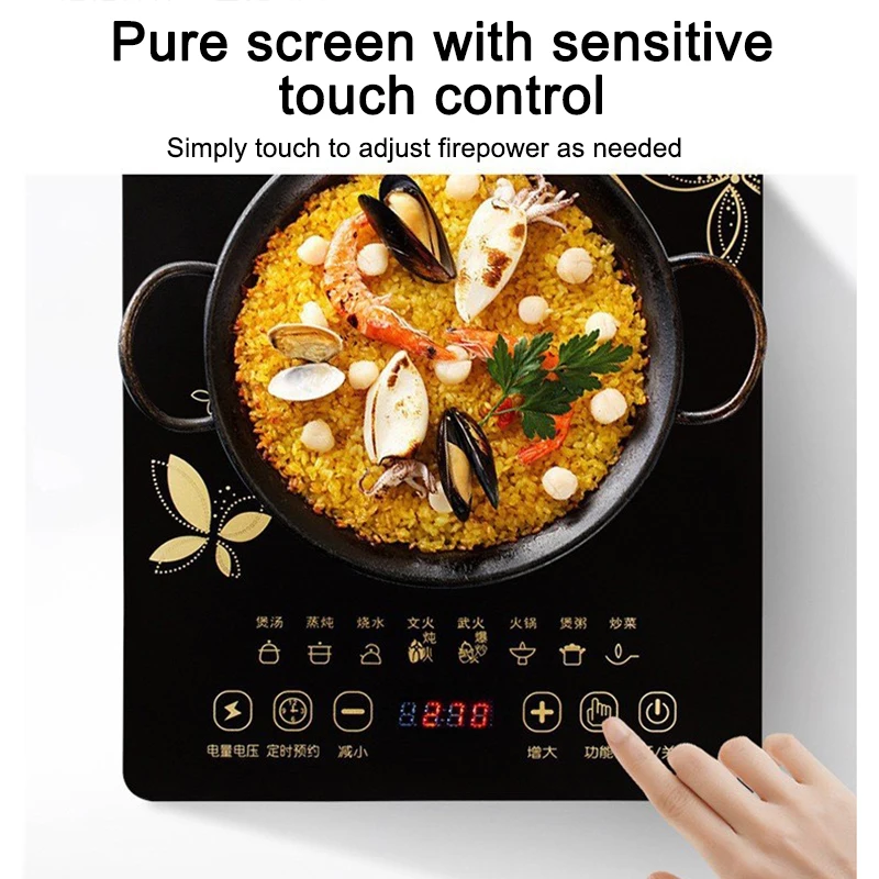 Panela elétrica de indução magnética, doméstica, à prova d'água, pequena panela quente, fogão de aquecimento, touchpad, cronometragem, prato de fritar, forno de cozinha 4
