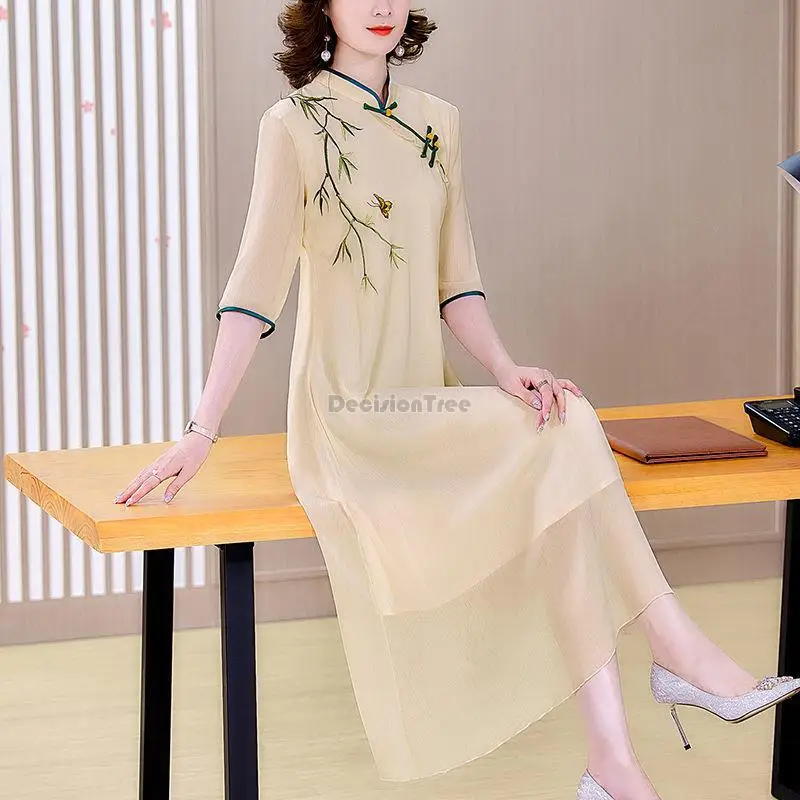 

2024 chinese traditional improved cheongsam chiffon dress women elegant party embroidery qipao dress vietnamese ao dai dress