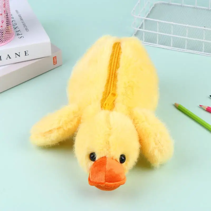 귀여운 노란 오리 플러시 연필 케이스 부드러운 인형 펜 가방 어린이를위한 다기능 연필 케이스 학생 문구 선물