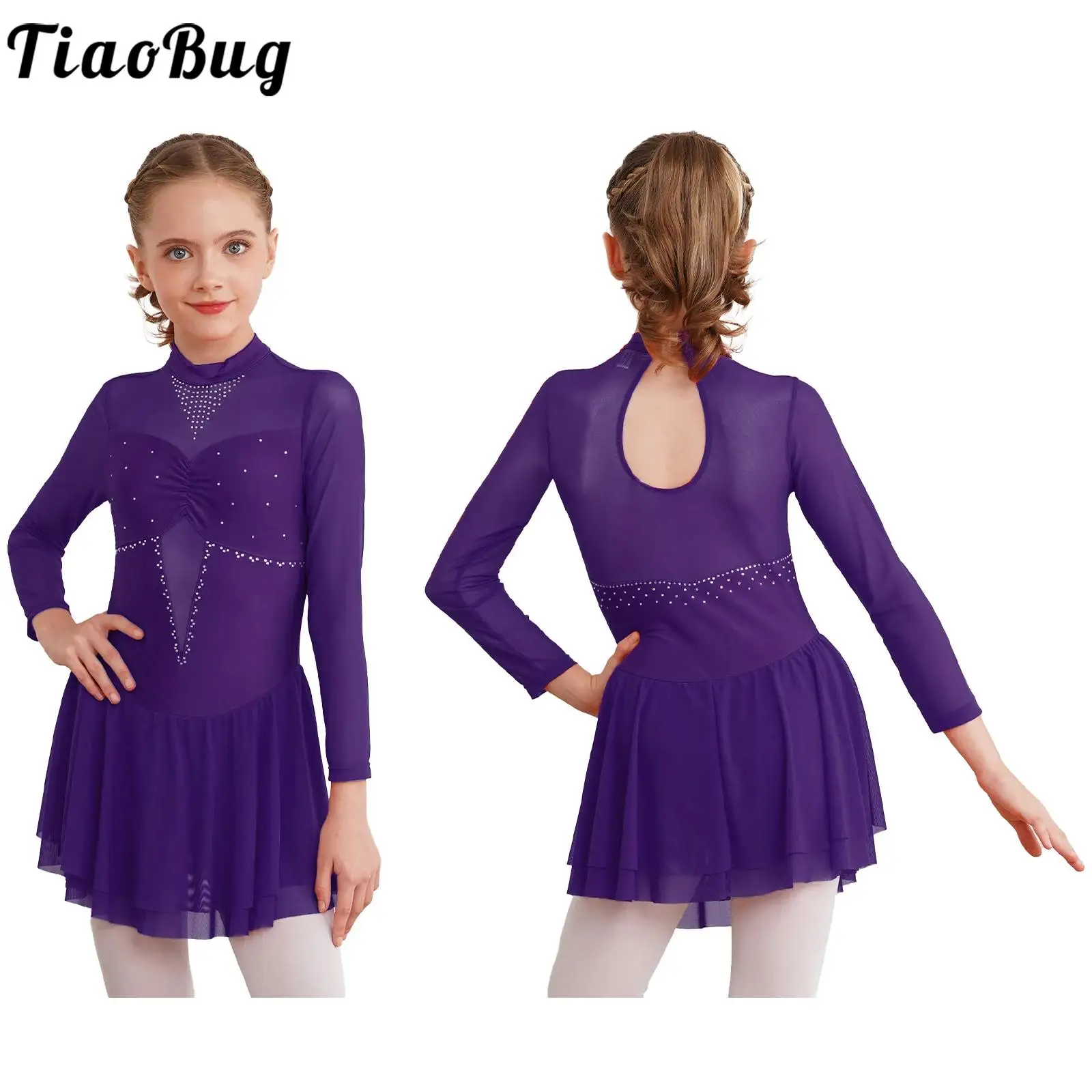 

Lyrical Dress for Girls Kids Shiny Rhinestone Figure Skating Leotard Ballet Dress Mesh Long Sleeve Gymnastic Performance Costume