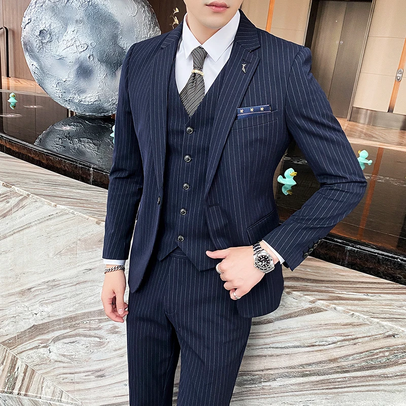 

[Jacket+Vest+Pants] 2022 Fashionable Men's Slim Suit/Men's High-end Pure Cotton Striped Groom's Wedding Dress 3 Pieces M-4XL