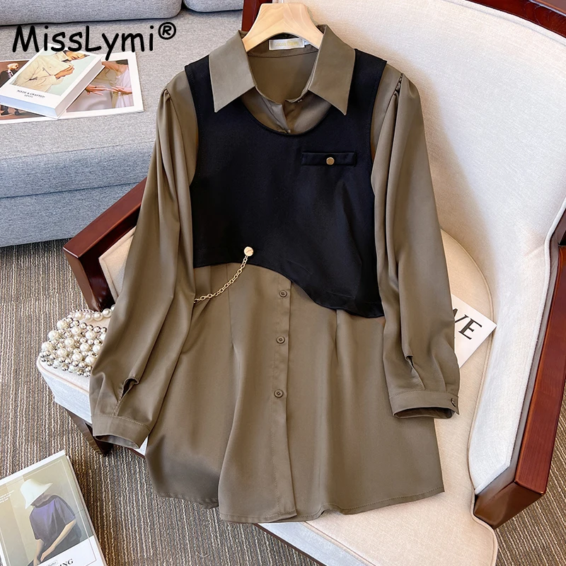 

Large Size Women Casual Shirt Dress New 2023 Autumn Solid Color Long Sleeve Shirts and Knitted Cotton Black Vest Two Piece Set