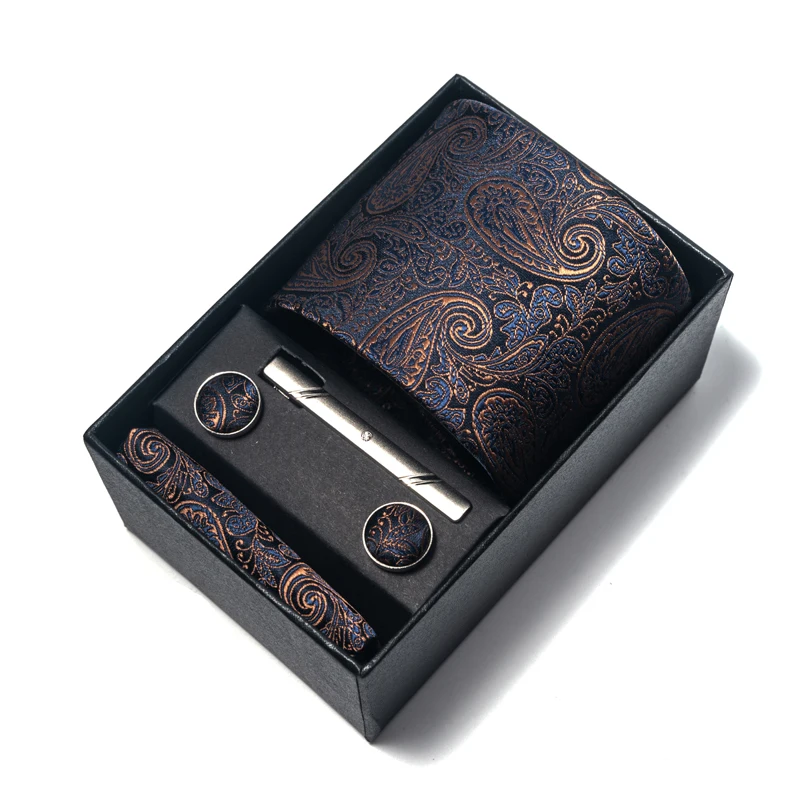 8 cm Tie Handkerchief Cufflink Clip Set For Men Blue Floral Wedding Gravata Suit Accessories Birthday Gift Box neck tie,tie clip,pocket square,mini handkerchief