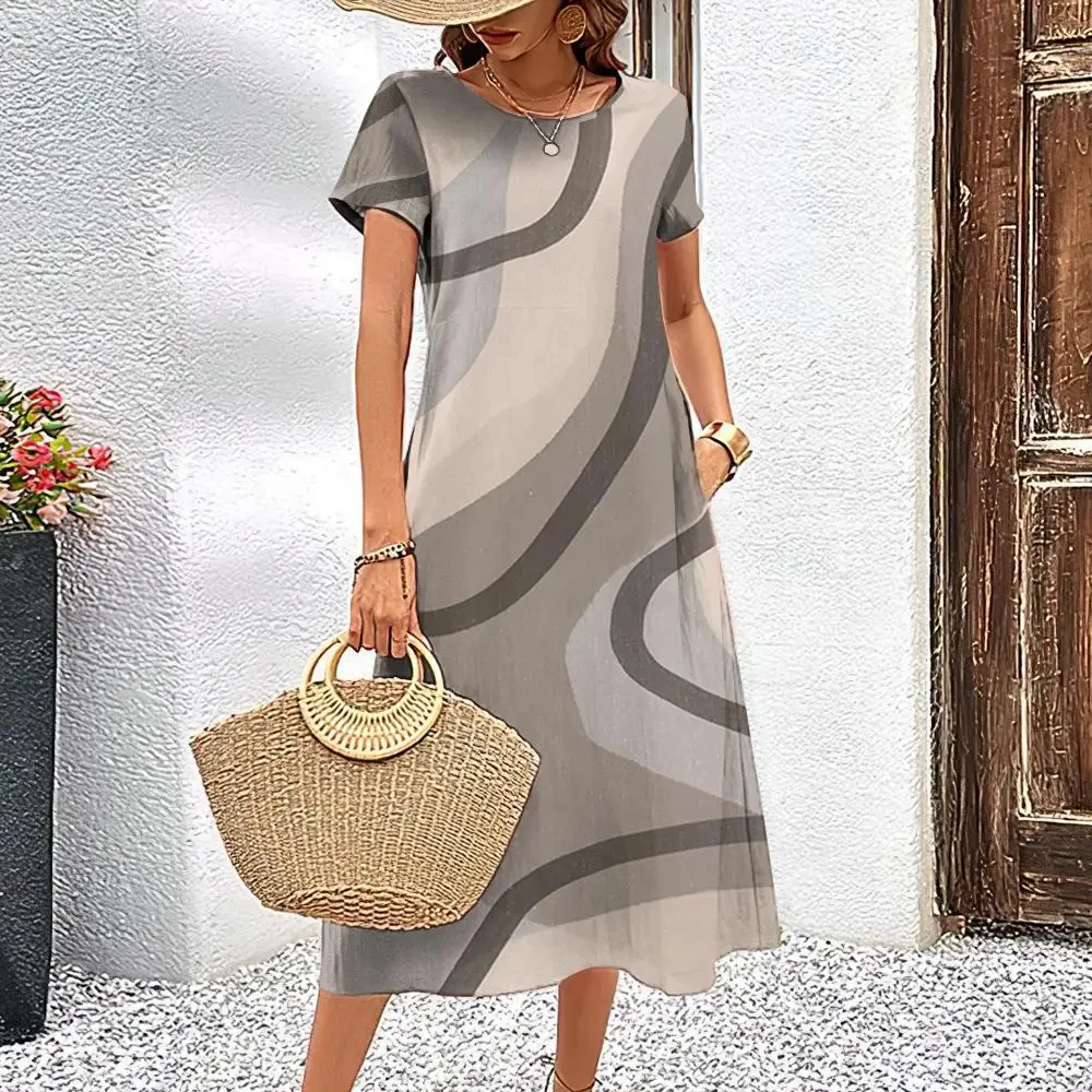 thumbnail image 1 of Vestido elegante de verano para mujer, de manga corta, con estampado de rayas, falda holgada de corte A, cuello redondo informal, 1 of 2