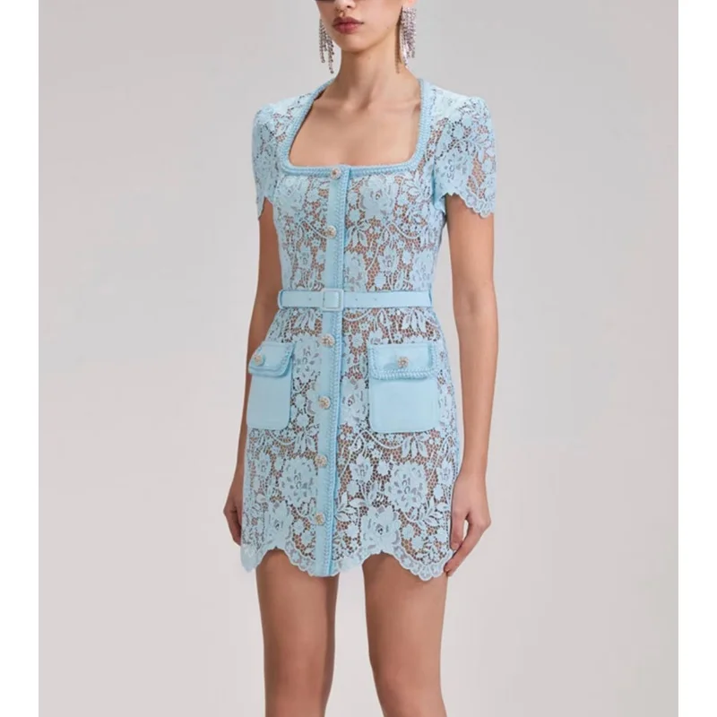 

Blue 2023 New Spring Summer High Quality Vintage Elegant Hook Flower Hollow Belt Short Sleeve Woman Mini Dress