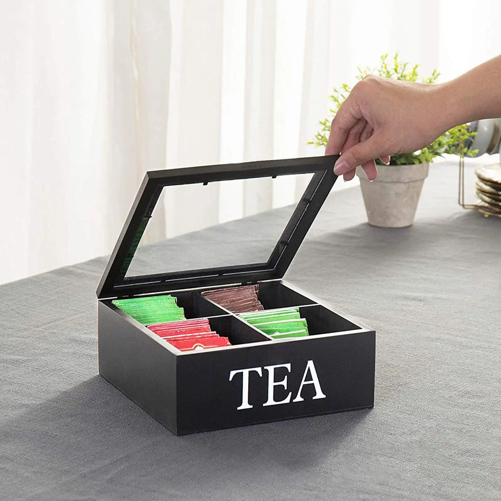 Wooden Tea Box with Lid Clear Skylights Tea Bag Storage for Dried Flowers Tea Bags Creamers