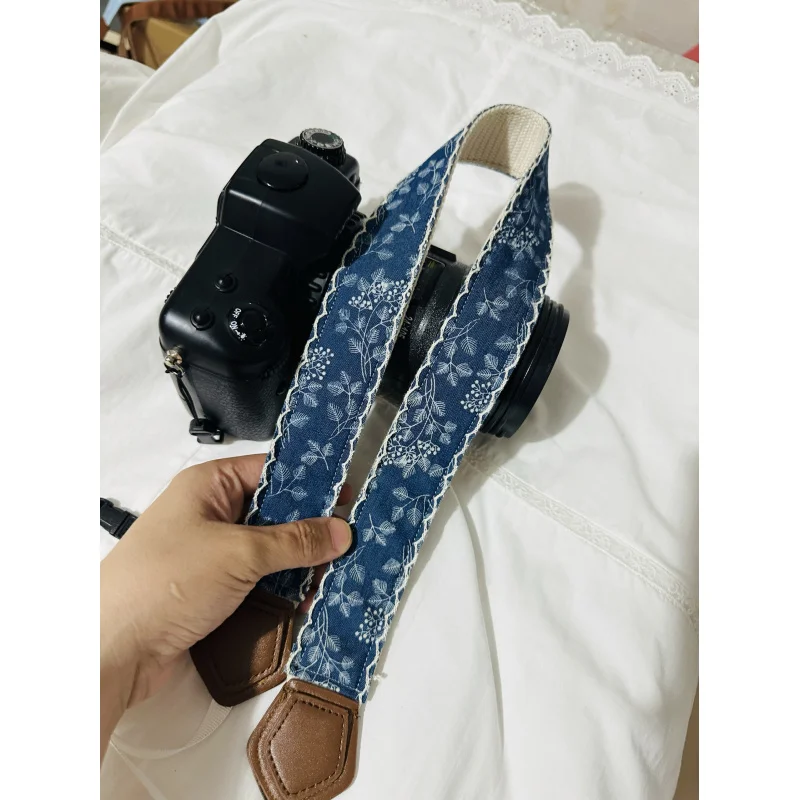 새로운 데님 블루 브라운 카메라 스트랩, 니콘 후지필름 DSLR 카메라에 적합한 어댑터 버클이 있는 범용 액세서리