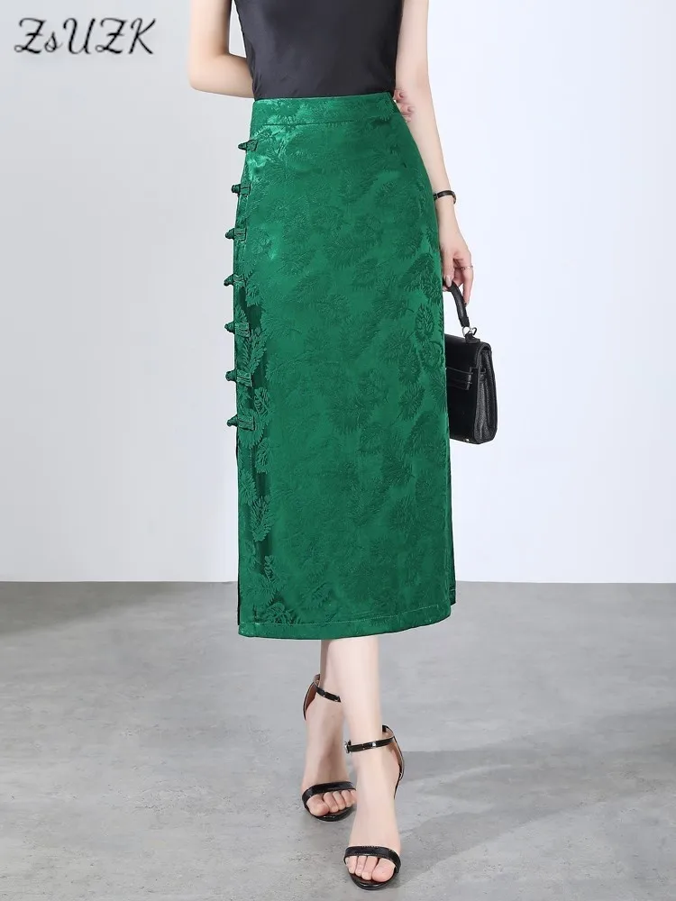 

ZUZK Spring Summer Chinese Style Fashion Vintage Jacquard Skirt 2024 High Waist New Satin Slim Fit Split One Step Skirt