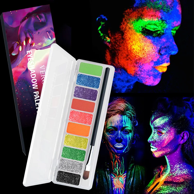Blacklight UV Glow in Dark Fluorescent Eyeshadow Palette Stage Clubbing Neon Makeup Palette 10Colors Pigment Luminous Eye Shadow