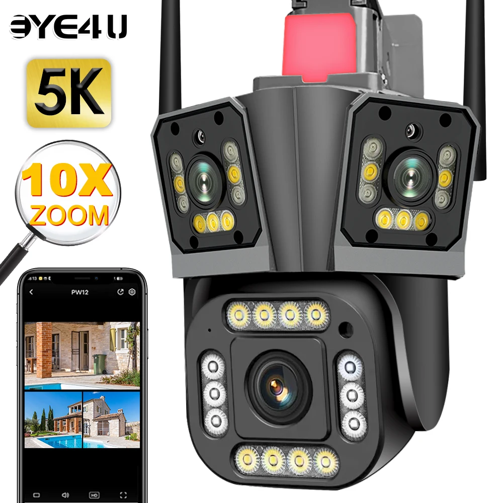 Caméra Surveillance PTZ 5K Triple Objectif - Zoom X8 - Suivi Auto - Extérieur/Intérieur WiFi