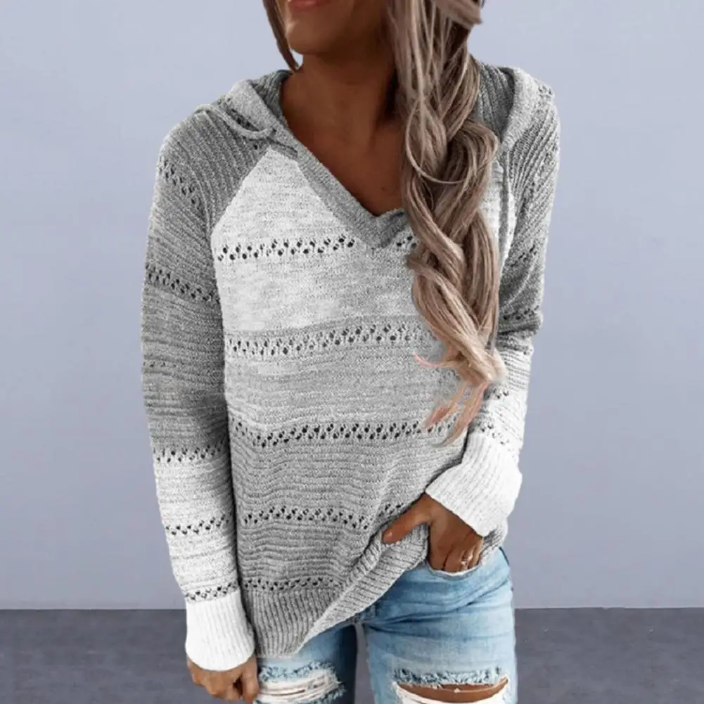 

Drawstring Women Top Women Long-sleeved Top Colorblock Striped Patchwork Hoodie Cozy Knitted Women's Fall/winter Sweater