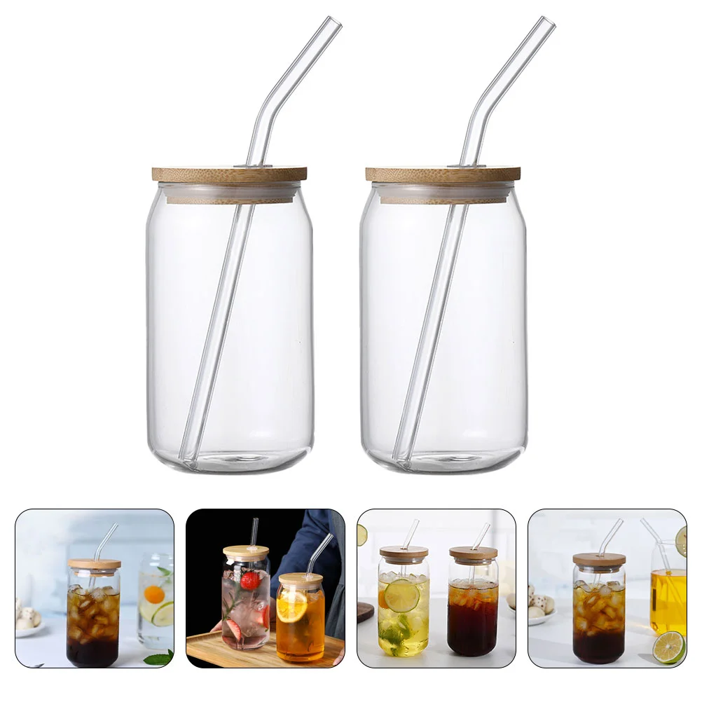 2 Pcs Straw Glass Cups Bamboo Lid Cold Cup Heat Resistant Glass Can Drinking Glasses Kitchen Bar Jar Containers