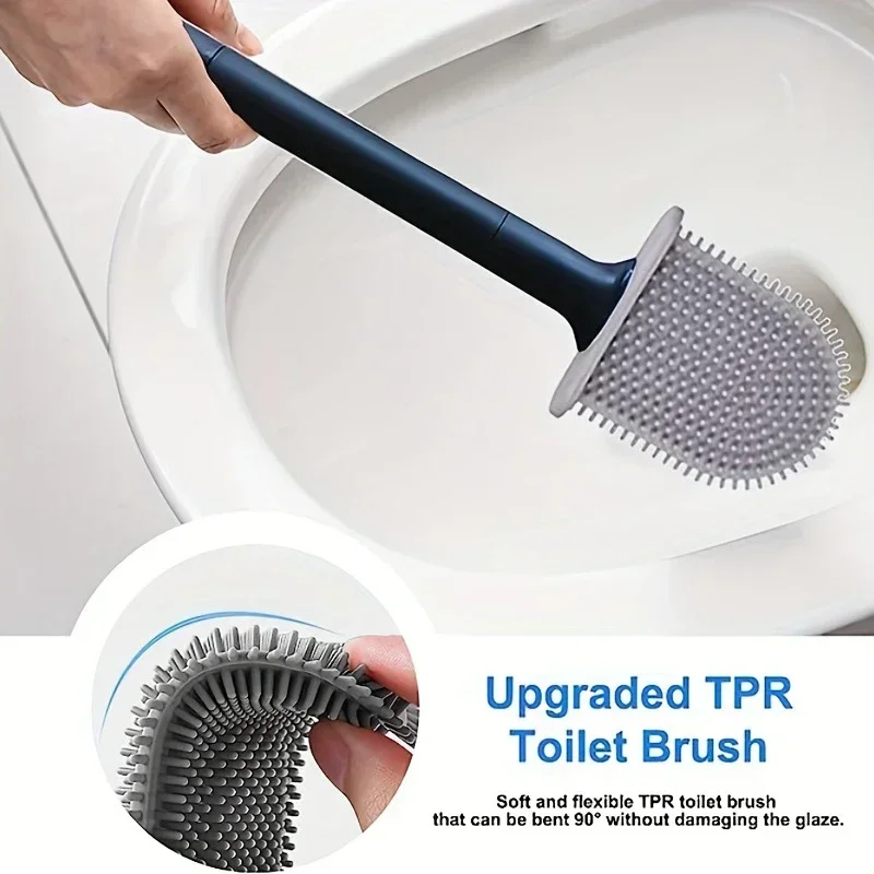 Silicone Toilet Brush Wc Cleaner Toilet Brush No Dead Cleaning Flat Head Flexible Soft Bristles with Holder