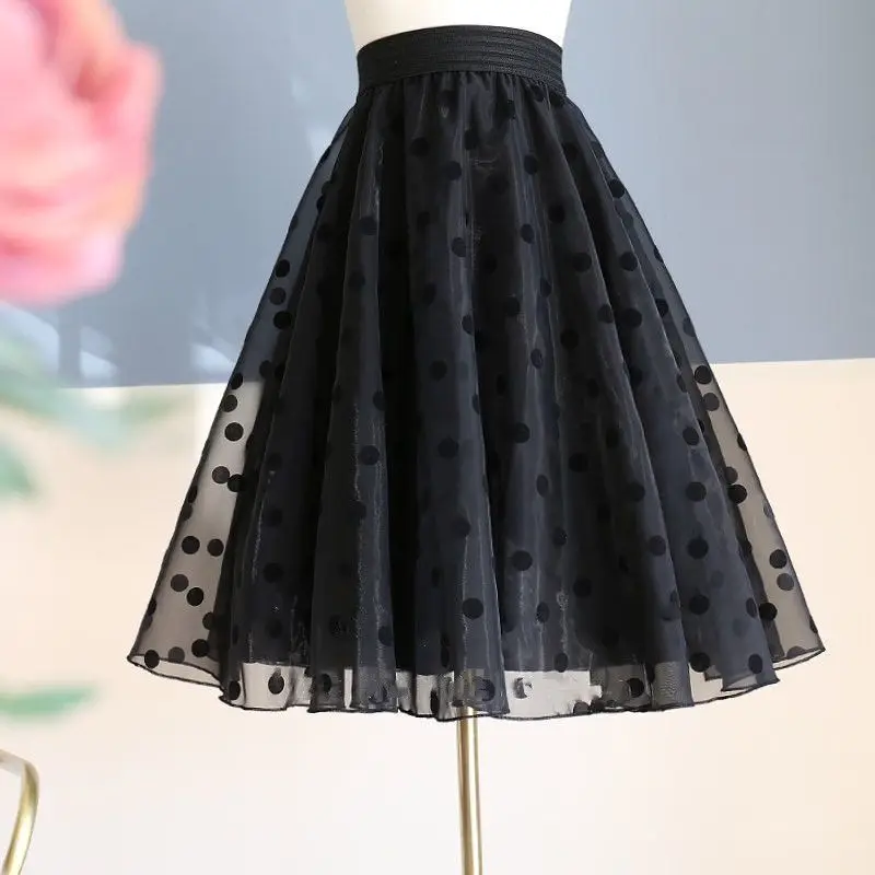 

Female Classic Cotton Half Length Skirt Woman Mesh Print Skirts Ladies Elastic Waist Drawstring Tied Swing A-Line Skirt Q427