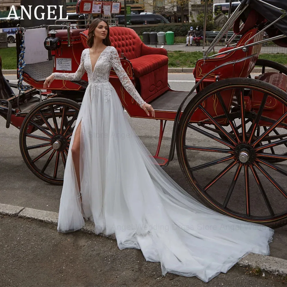 

ANGEL Charming V-Neck A-Line Wedding Dresses Long Sleeves Lace Appliques Bridal Gown High Side Split Backless Vestido De Novia