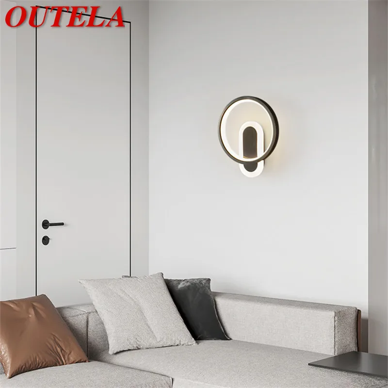 

OUTELA Modern Black Brass Sconce Lamp LED 3 Colors Light Luxury Creative Copper Beside Lighting for Aisle Bedroom Decor