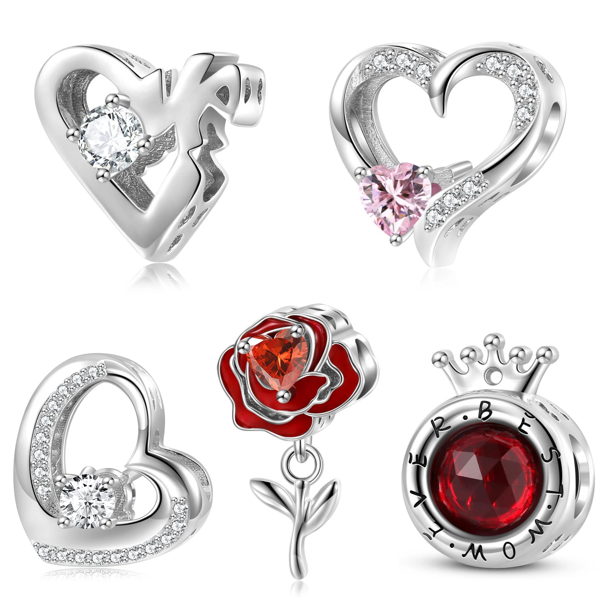 

925 Sterling Silver Love Rose Red Crown Beads Family Pendant Charms Valentine's Day Gift for Women Bracelet Mother Girlfriend