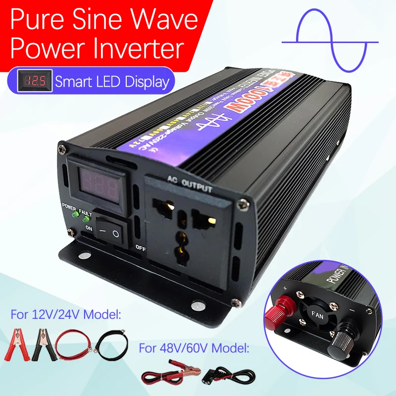 

Pure Sine Wave Inverter DC 12V 24V 48V 60V TO AC 220V 50/60Hz 1000W 1600W 2000W 2600W Transformer Power Converter Solar Inverter