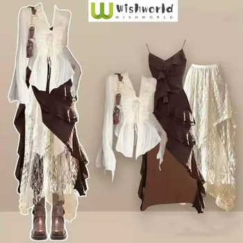 Women's Set with Spring and Autumn Design Fashionable Top+Maillard Camisole Skirt with Versatile Skirt Three Piece Set 1