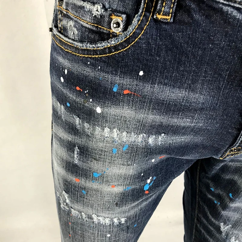 Streetwear Fashion Men Jeans High Quality Elastic Stretch Slim Fit Vintage Ripped Jeans Men Painted Designer Brand Pants Hombre