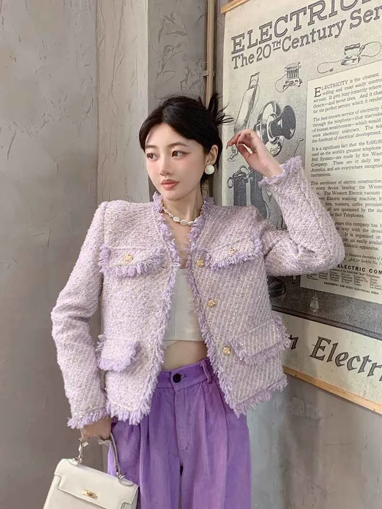 SMTHMA New Autumn Winter Small Fragrance Tweed Jacket Coat Women French  Vintage Elegant Tassel Woolen Coats Outwear