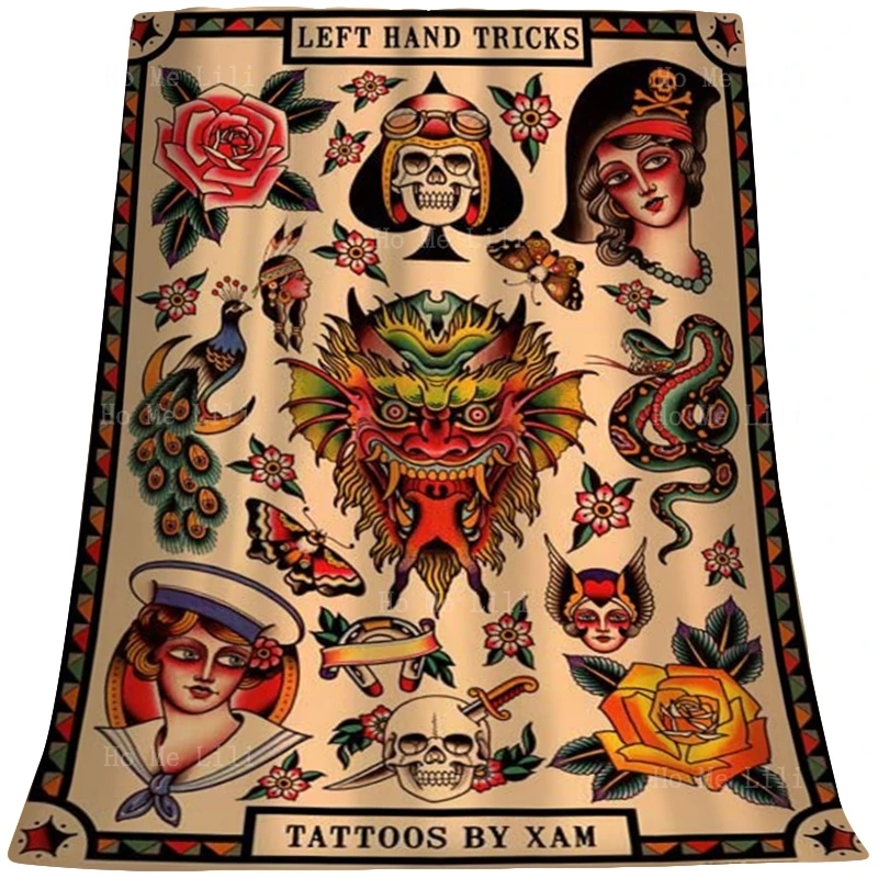 

Old School Style Classic Tiger Tattoo Collage Love Kills Slowly Skull Roses Dagger Geisha Flannel Blanket