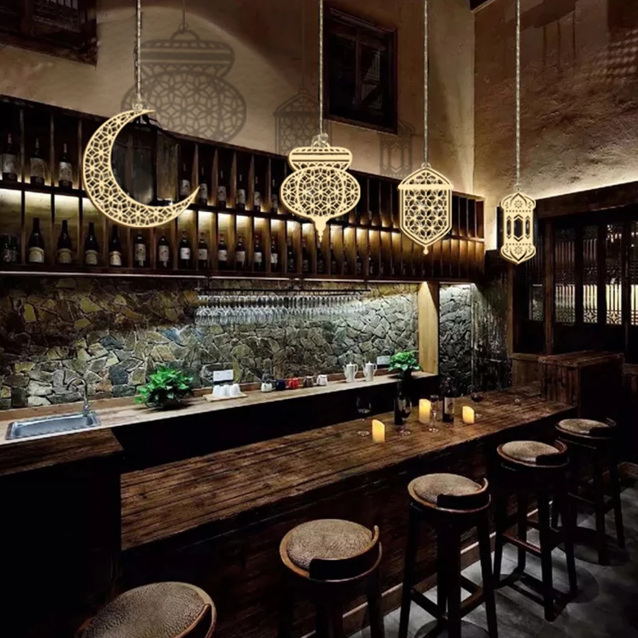 6pcs/set star moon lantern mandala pattern hollow wooden pendant for Ramadan DIY decoration wooden sign holiday party supplies