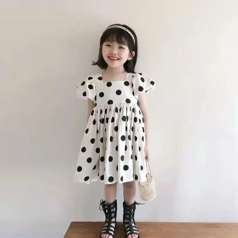 여아용 귀여운 버블 소매 오픈 백 공주 원피스, 폴카 도트 한국 에디션, 여름 신상