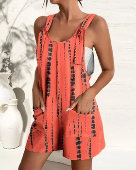 Women's Sleeveless Jumpsuit with Abstract Print and Pockets - Summer Casual Loose Fit Romper with Adjustable Straps 1