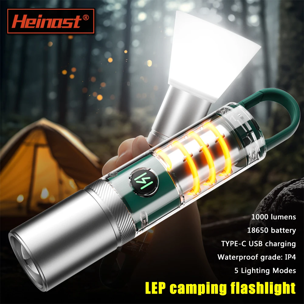 

LEP Flashlight Internal 18650 Rechargeable Torch 5Modes Zoom Hook Hanging Side Tungsten Wire Camping Lamp with Lampshade