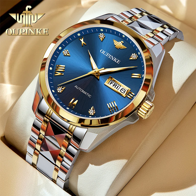 

OUPINKE Top Brand Men's Watches Sapphire Mirror Surface Fully Automatic Mechanical Watch Waterproof Dual Calendar tungsten steel