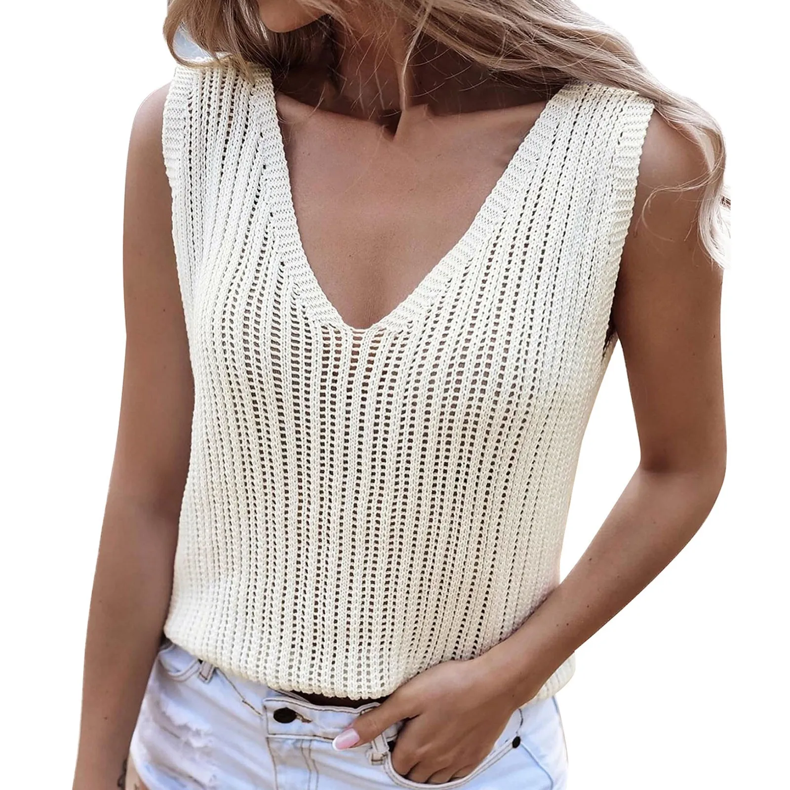 

V-neck Knitted Sleeveless Vest For Women Hot Women's Sleeveless Backless Mesh Solid Color Casual For Women plus rozmiar topy