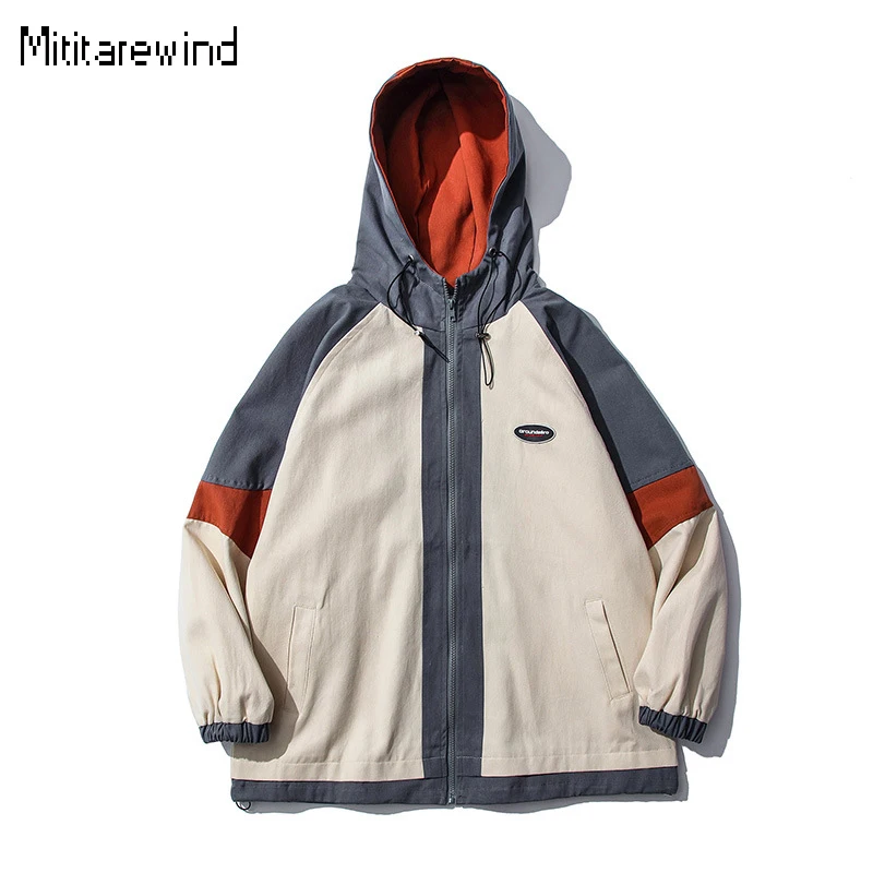 

New Spring Jacket Man Hip-hop Streetwear Baggy Hooded Coat Patchwork Contrast Color Design Zipper Jackets Causal Men Windbreaker