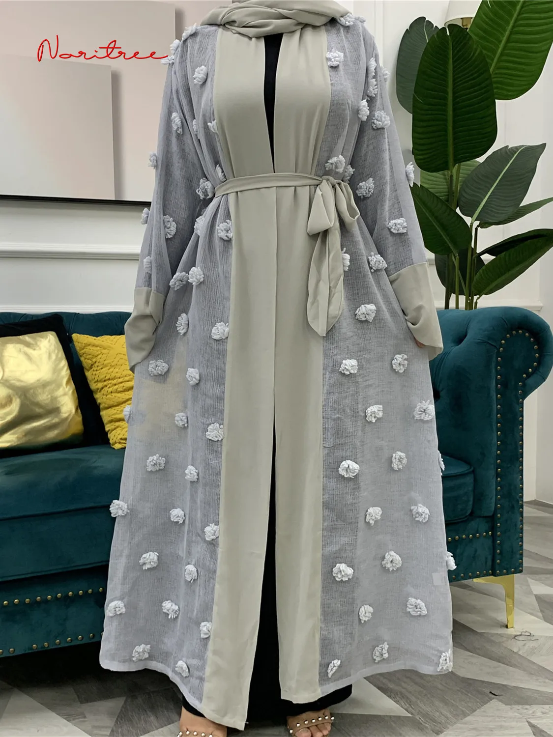 3D Floral flowers Robes Musulmane Turkish Appliques Muslim Abaya Dress Robes Arab Worship Service abayas With Belt Wj2311