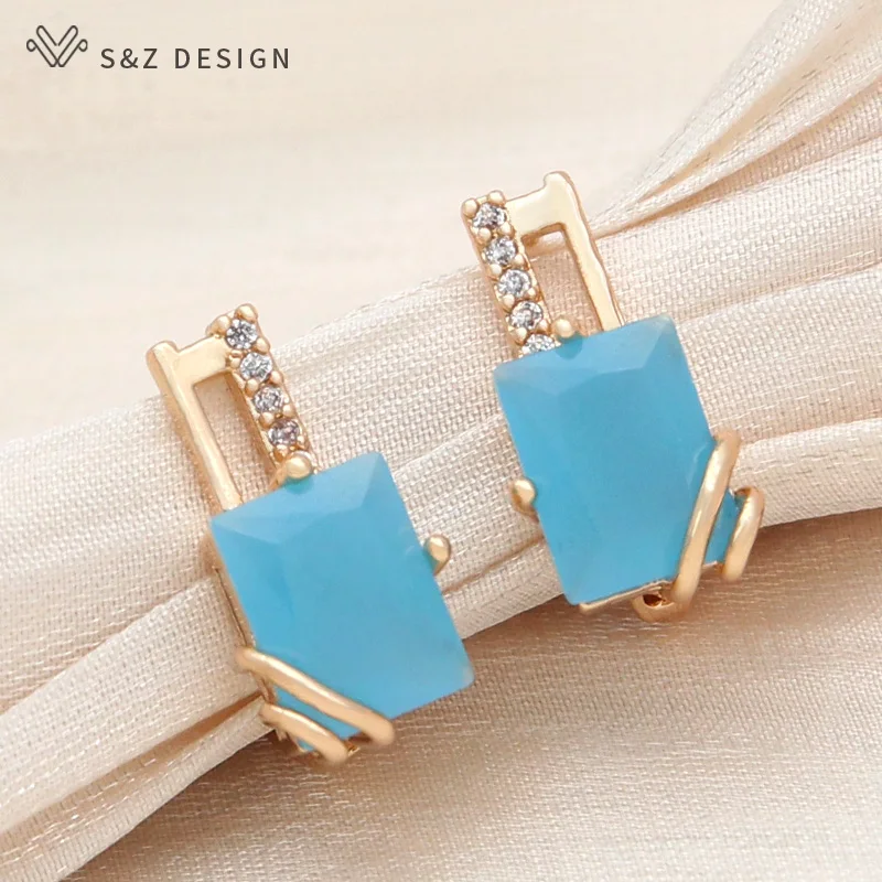 S&Z DESIGN New Elegant Champagne Gold Color Square Crystal Dangle Earrings For Women Wedding Jewelry Fashion Cubic Zirconia