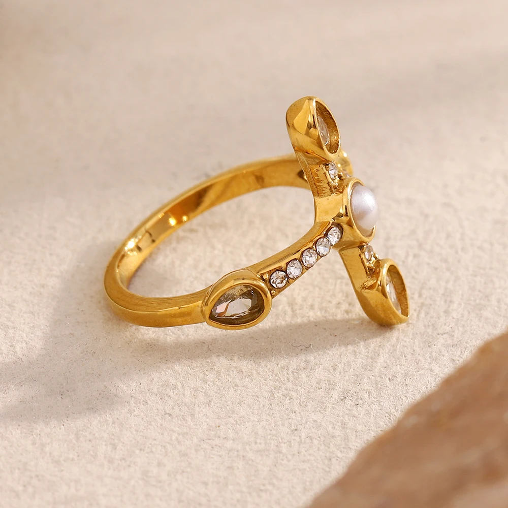 E.B.belle Neues Design Wassertropfen Zirkon Strass Kreuz Ring 316L Edelstahl Luxus Damen Wasserdichter Party Fingerschmuck – Detail 8
