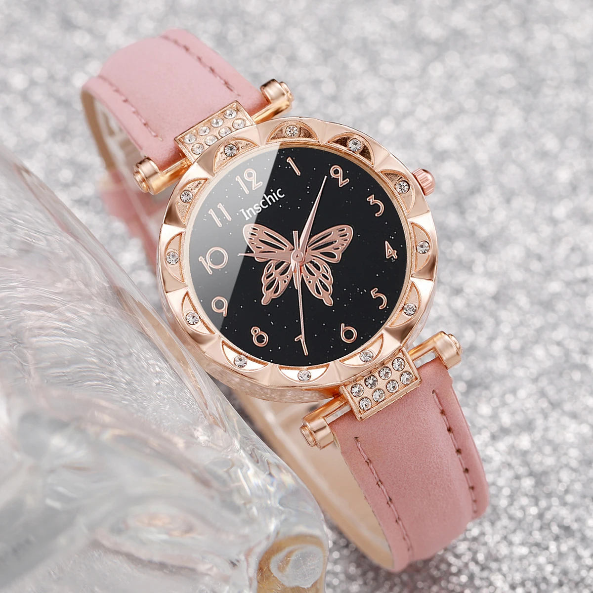 2PCs/Set Women Butterfly Dial Watch Black Pink Color Leather Strap Quartz Watch