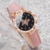 2PCs/Set Women Butterfly Dial Watch Black Pink Color Leather Strap Quartz Watch 5