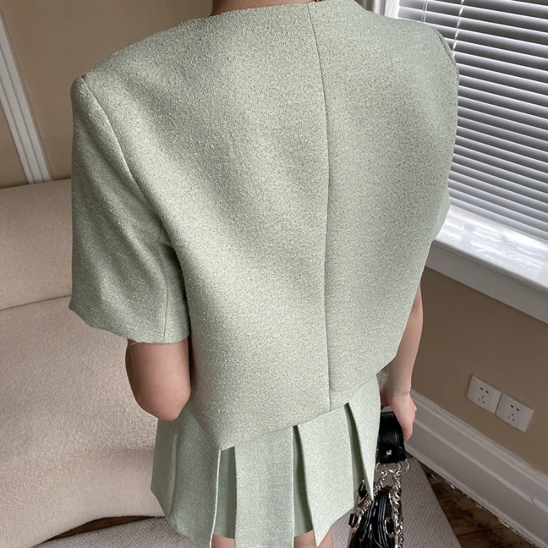Korea Chic Bump Color Small Fragrant Two-piece Set Summer Short-sleeved Coat + Pleated Mini Skirts Thin Tweed Two Women Suits