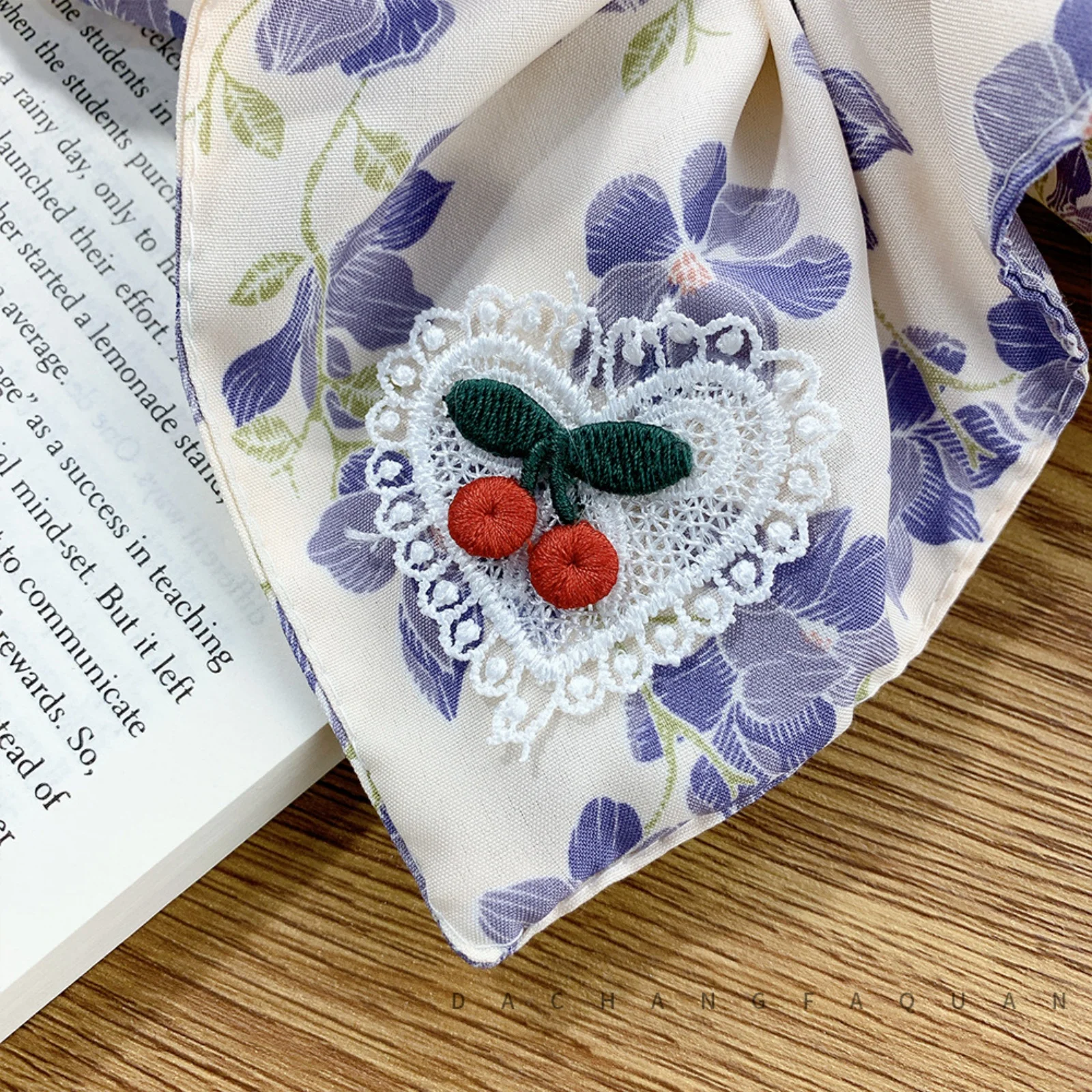 1PC Floral Print Hair Scrunchie With Cherry Lace Patch, Sweet And Elegant Hair Accessory For Women