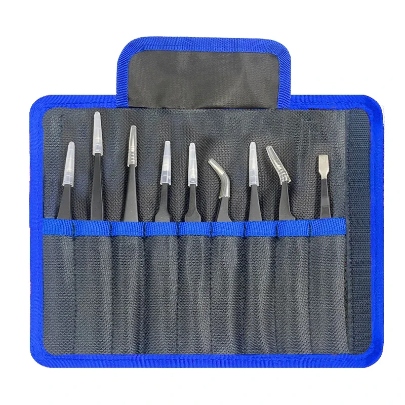 Precision Tweezers 9pcs/set Anti-static ESD Stainless Steel Curved Straight for Maintenance Repair
