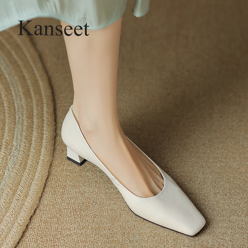 

Kanseet Real Leather Shoes For Women 2023 Autumn Fashion Pumps Daily Dress Handmade Comfortable Mid Heels Casual Lady Footwear