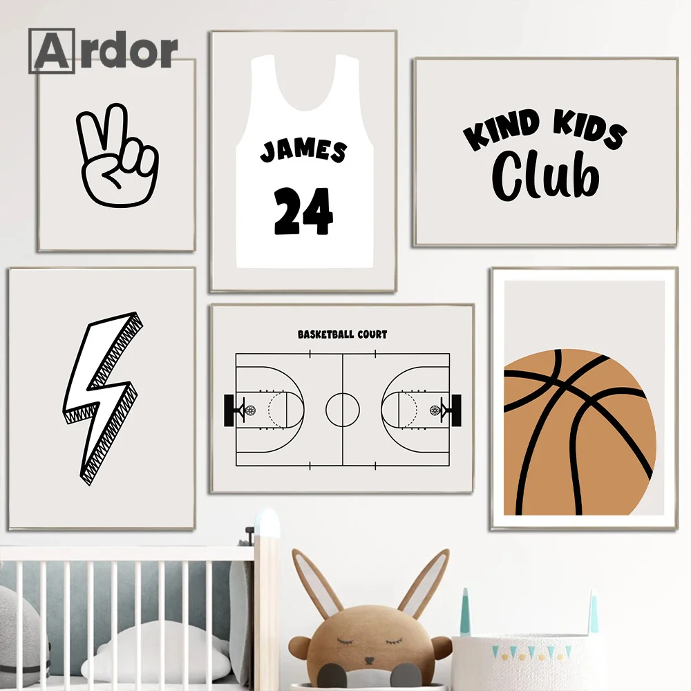 Boys Room Custom Name Art Poster Cartoon Baby Basketball Jersey Canvas Painting Smiling Face Print Wall Pictures Kids Home Decor lvyziho custom name banner personalized middle name wall banner baby room decor neutral kids room customized flag