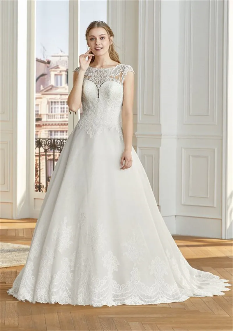 

Luxury O-Neck Appliques A-Line Wedding Dress Romantic Draped Sleeveless Bride Dress Illusion Robe de Mariee