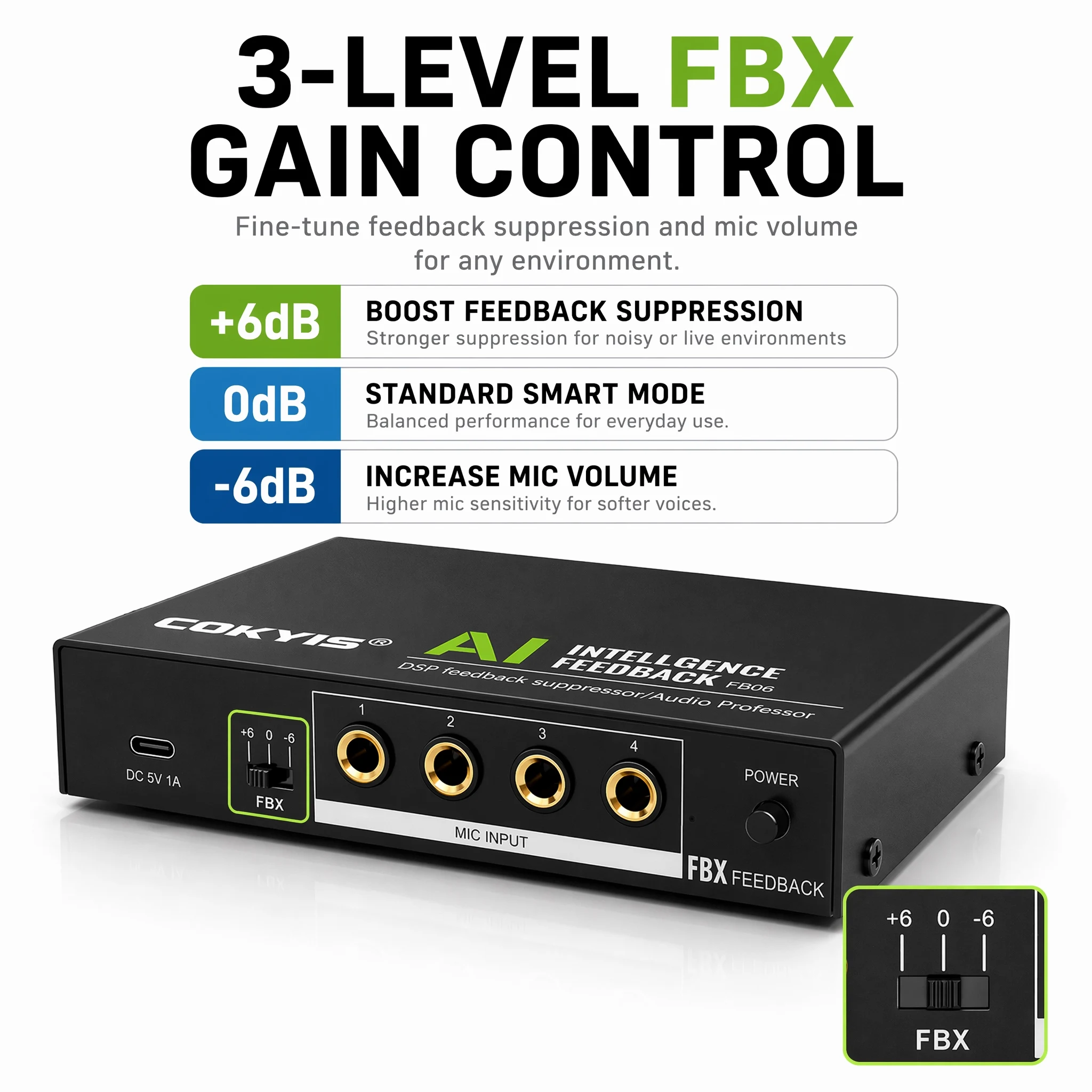 Mini Processore AI DSP Anti-Feedback per Microfono, 2 Ingressi, Controllo Guadagno a 3 Livelli, Eliminatore di Feedback Audio Ricaricabile FB06 - immagine 3