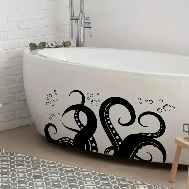 Black Horror Octopus Bathtub Wall Sticker 1pc Self-adhesive PVC Room Decor for Bathroom And Kitchen