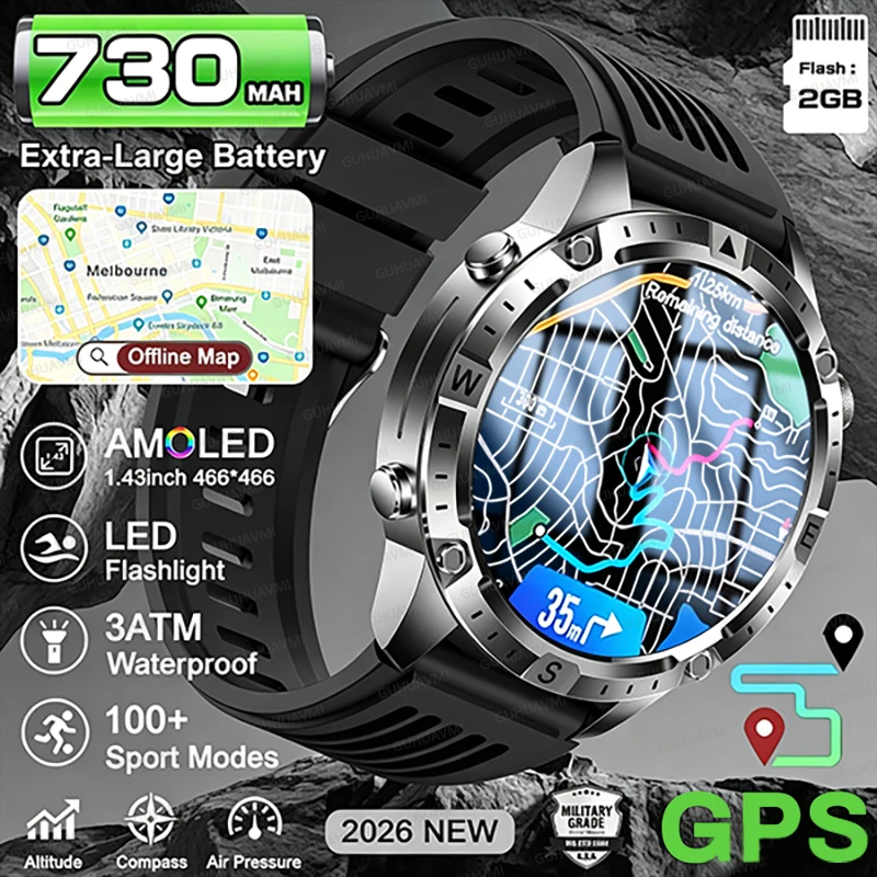 2026 Outdoor New GPS Offline Map T-Rex 3 Military Grade Smart Watch Men 3ATM Waterproof LED Flashlight HD Call 100+Sports Watch 1